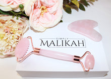 Load image into Gallery viewer, Simply Malikah Ridged Rose Quartz Facial Roller &amp; Gua Sha Beauty Massage Tool Set
