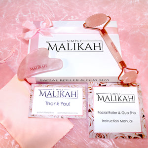 Simply Malikah Ridged Rose Quartz Facial Roller & Gua Sha Beauty Massage Tool Set