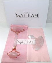 Load image into Gallery viewer, Simply Malikah Ridged Rose Quartz Facial Roller &amp; Gua Sha Beauty Massage Tool Set
